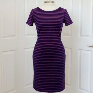 BANANA REPUBLIC Navy Plum Striped Sheath Dress Chic Low Scoop Back SIZE 4